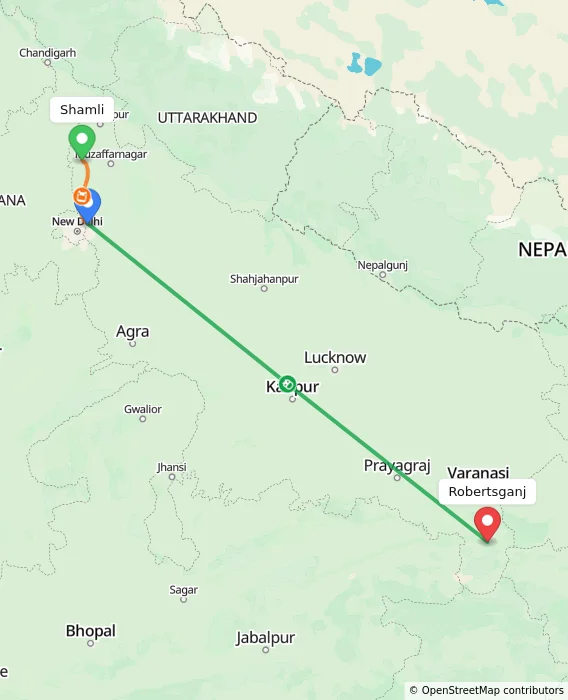 Route map showing distance and travel time from Shamli, India to Robertsganj, India