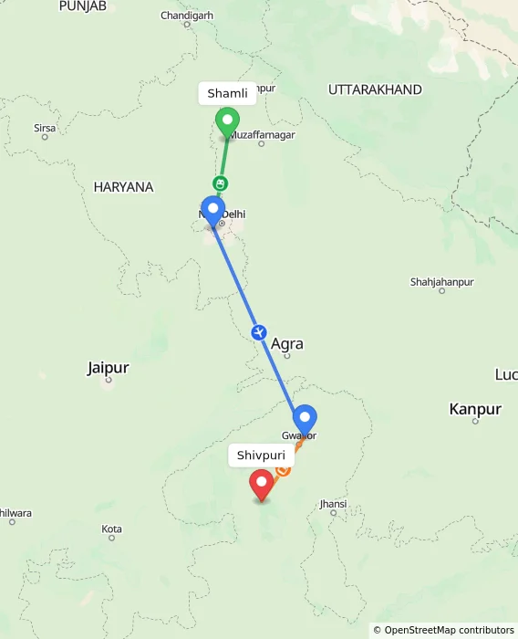 Route map showing distance and travel time from Shamli, India to Shivpuri, India