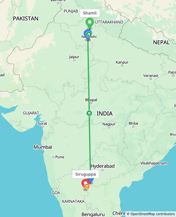 Route map showing distance and travel time from Shamli, India to Siruguppa, India