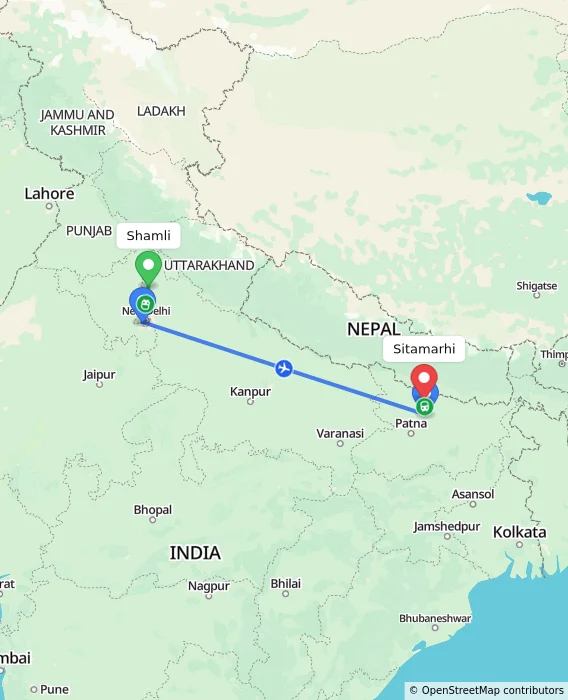 Route map showing distance and travel time from Shamli, India to Sitamarhi, India