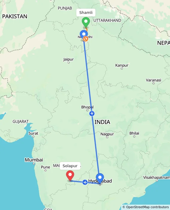 Route map showing distance and travel time from Shamli, India to Solapur, India