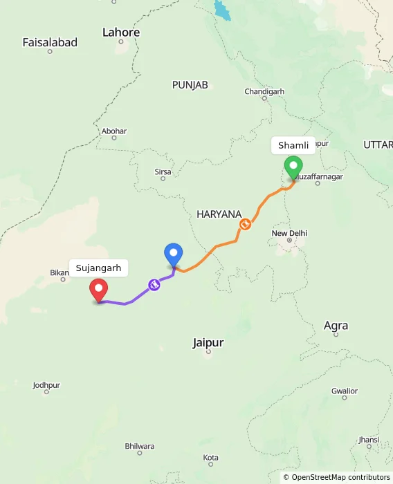 Route map showing distance and travel time from Shamli, India to Sujangarh, India