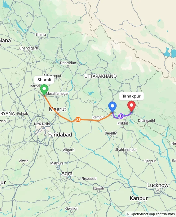 Route map showing distance and travel time from Shamli, India to Tanakpur, India