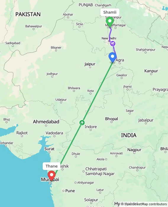 Route map showing distance and travel time from Shamli, India to Thane, India
