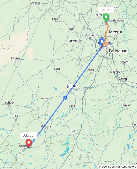 Route map showing distance and travel time from Shamli, India to Udaipur, India