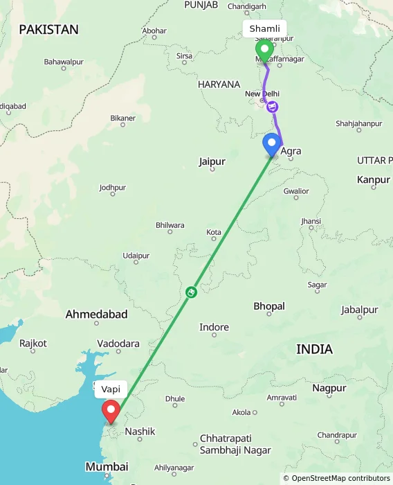Route map showing distance and travel time from Shamli, India to Vapi, India