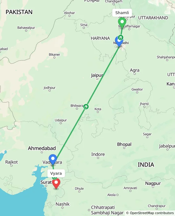 Route map showing distance and travel time from Shamli, India to Vyara, India