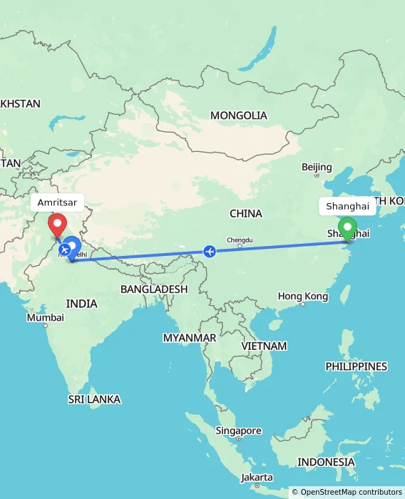 Route map showing distance and travel time from Shanghai, China to Amritsar, India