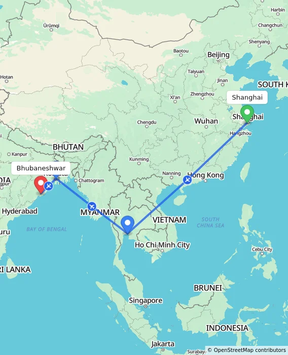 Route map showing distance and travel time from Shanghai, China to Bhubaneshwar, India