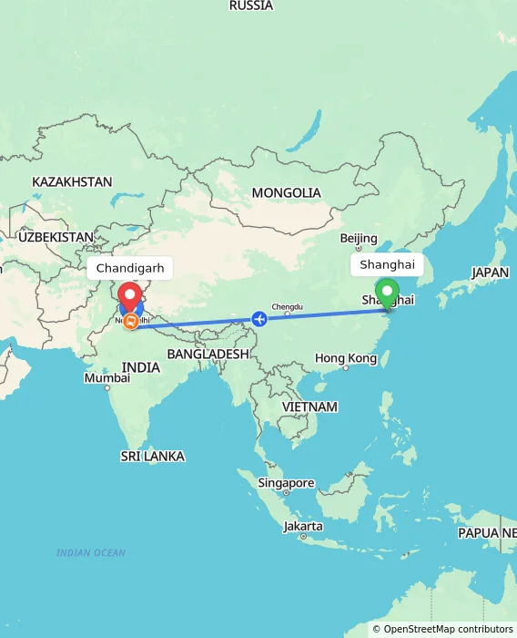 Route map showing distance and travel time from Shanghai, China to Chandigarh, India