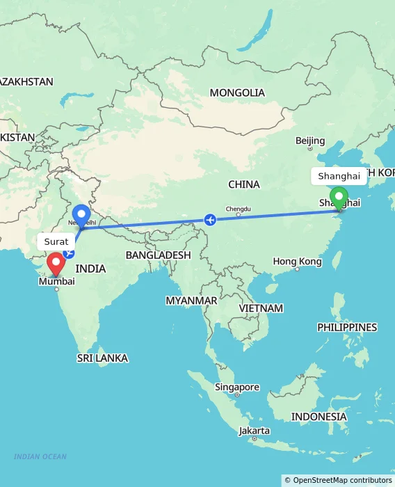 Route map showing distance and travel time from Shanghai, China to Surat, India