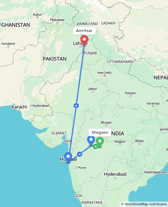 Route map showing distance and travel time from Shegaon, India to Amritsar, India