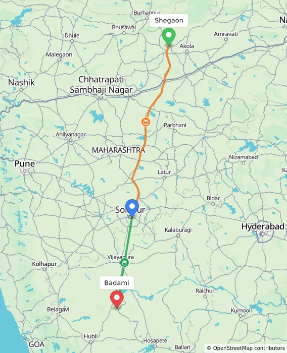 Route map showing distance and travel time from Shegaon, India to Badami, India