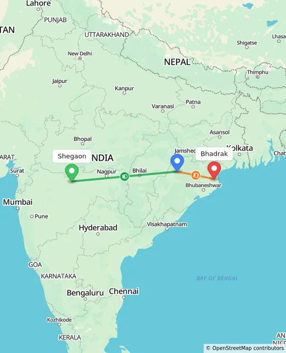 Route map showing distance and travel time from Shegaon, India to Bhadrak, India