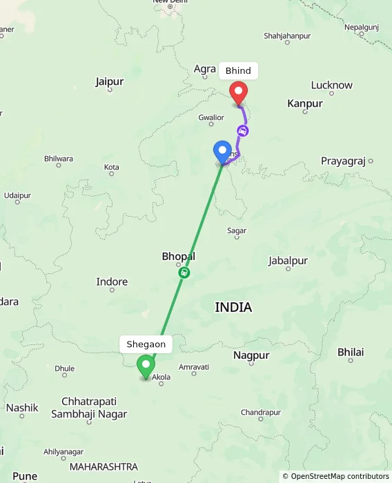 Route map showing distance and travel time from Shegaon, India to Bhind, India
