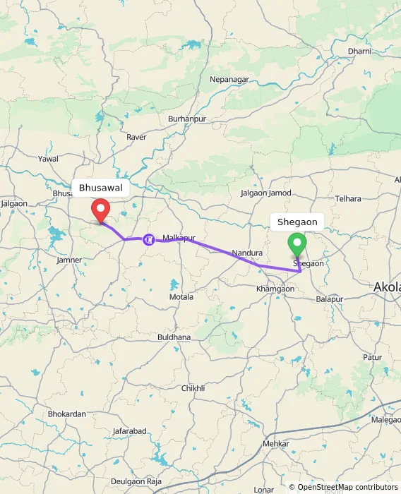 Route map showing distance and travel time from Shegaon, India to Bhusawal, India