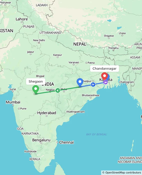 Route map showing distance and travel time from Shegaon, India to Chandannagar, India