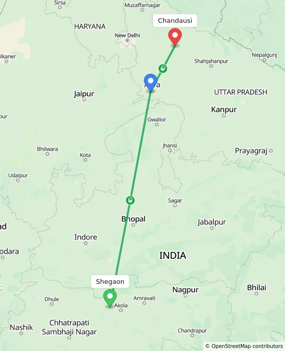 Route map showing distance and travel time from Shegaon, India to Chandausi, India