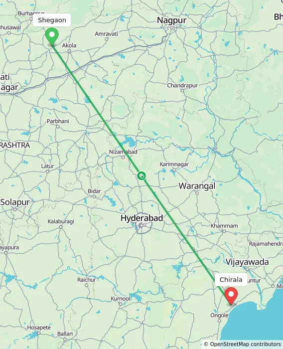 Route map showing distance and travel time from Shegaon, India to Chirala, India