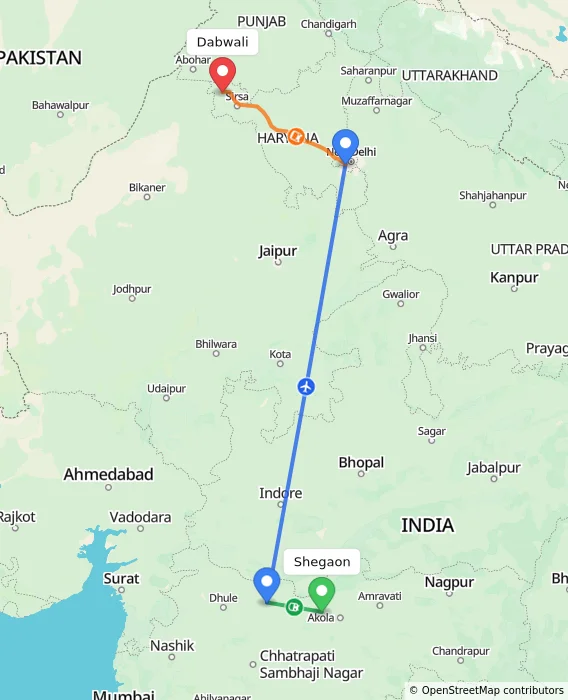 Route map showing distance and travel time from Shegaon, India to Dabwali, India