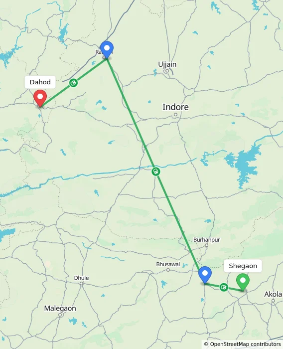 Route map showing distance and travel time from Shegaon, India to Dahod, India
