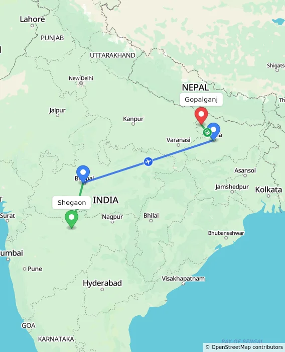 Route map showing distance and travel time from Shegaon, India to Gopalganj, India