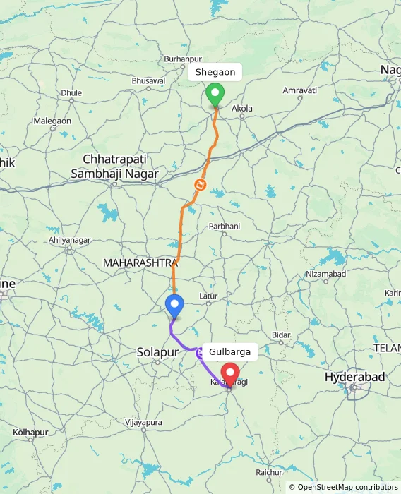 Route map showing distance and travel time from Shegaon, India to Gulbarga, India