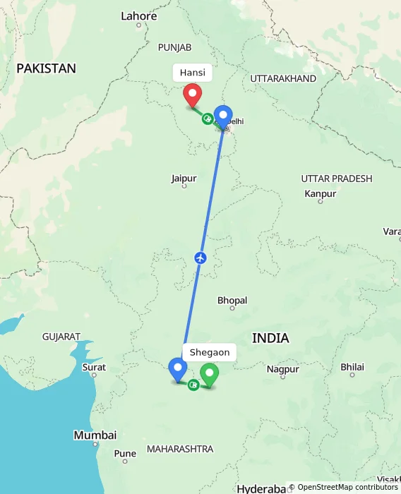 Route map showing distance and travel time from Shegaon, India to Hansi, India