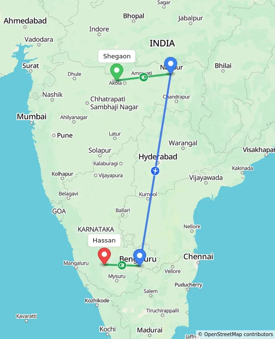 Route map showing distance and travel time from Shegaon, India to Hassan, India
