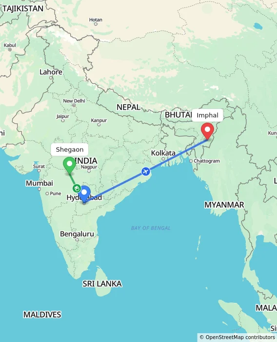 Route map showing distance and travel time from Shegaon, India to Imphal, India