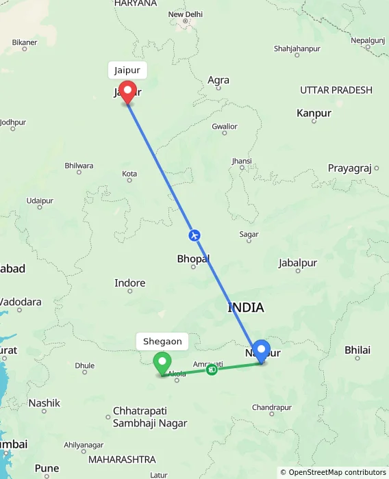 Route map showing distance and travel time from Shegaon, India to Jaipur, India
