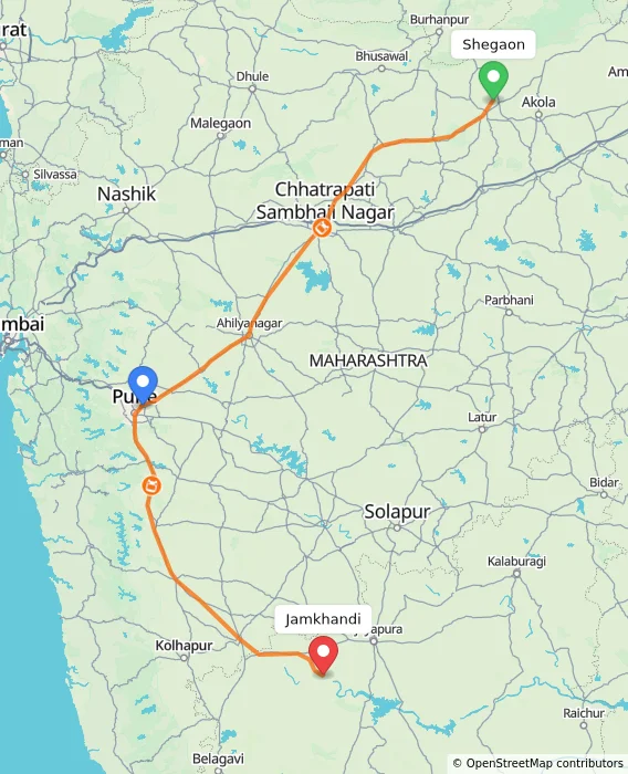 Route map showing distance and travel time from Shegaon, India to Jamkhandi, India