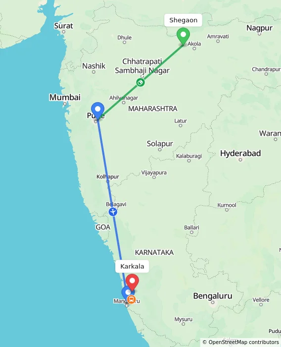 Route map showing distance and travel time from Shegaon, India to Karkala, India