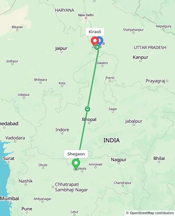 Route map showing distance and travel time from Shegaon, India to Kiraoli, India