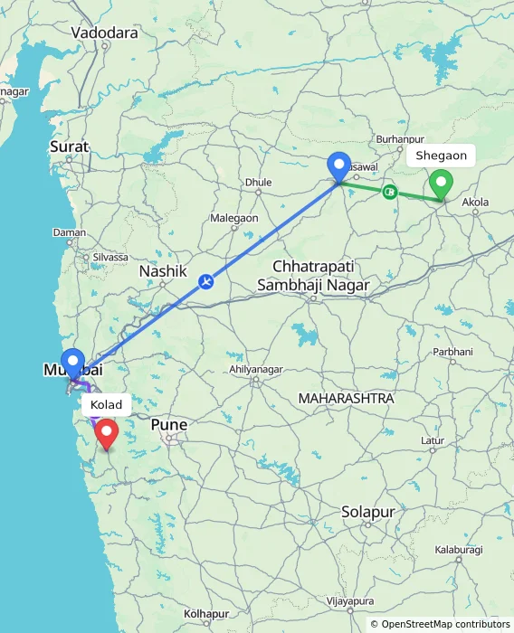 Route map showing distance and travel time from Shegaon, India to Kolad, India