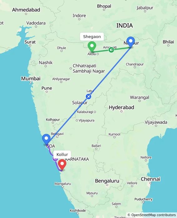 Route map showing distance and travel time from Shegaon, India to Kollur, India