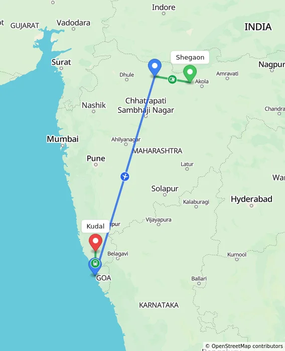 Route map showing distance and travel time from Shegaon, India to Kudal, India