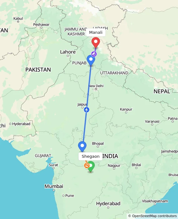 Route map showing distance and travel time from Shegaon, India to Manali, India