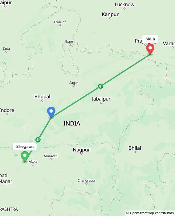 Route map showing distance and travel time from Shegaon, India to Meja, India