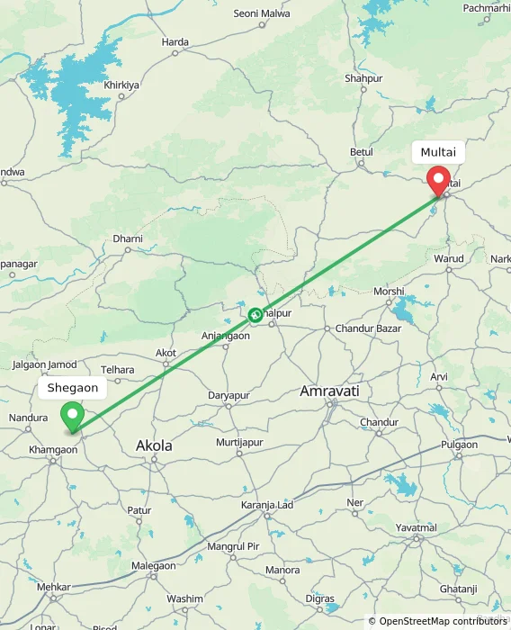 Route map showing distance and travel time from Shegaon, India to Multai, India