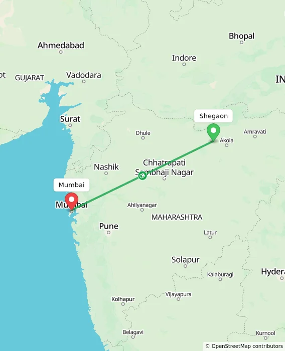 Route map showing distance and travel time from Shegaon, India to Mumbai, India