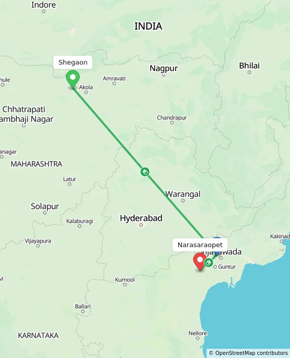 Route map showing distance and travel time from Shegaon, India to Narasaraopet, India