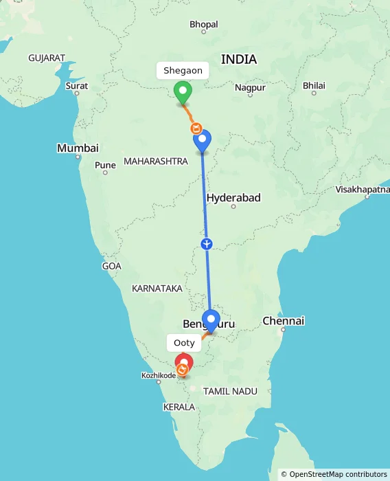 Route map showing distance and travel time from Shegaon, India to Ooty, India