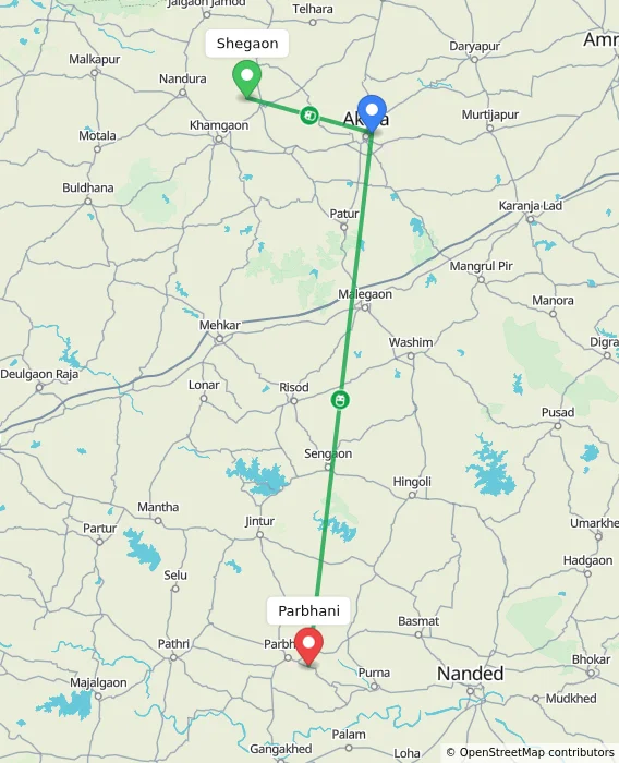 Route map showing distance and travel time from Shegaon, India to Parbhani, India