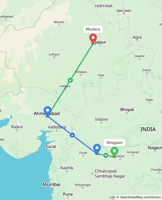 Route map showing distance and travel time from Shegaon, India to Phulera, India