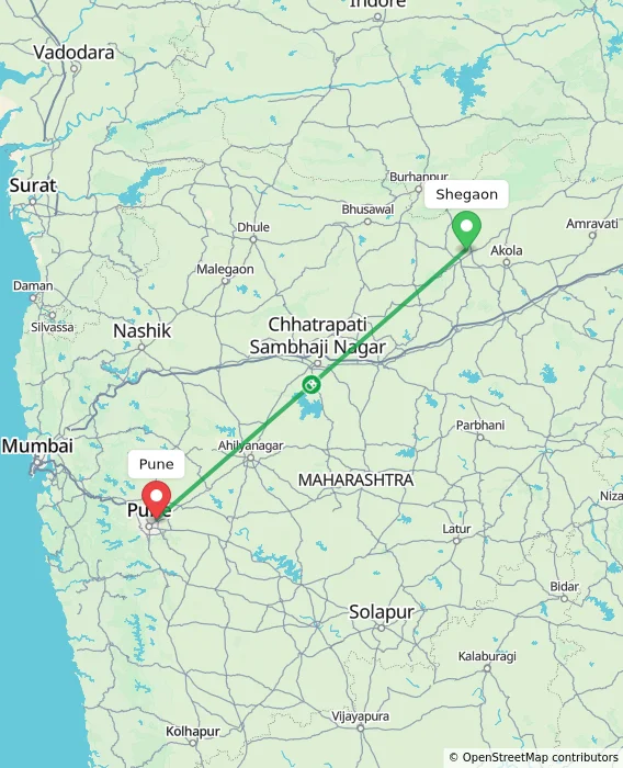 Route map showing distance and travel time from Shegaon, India to Pune, India