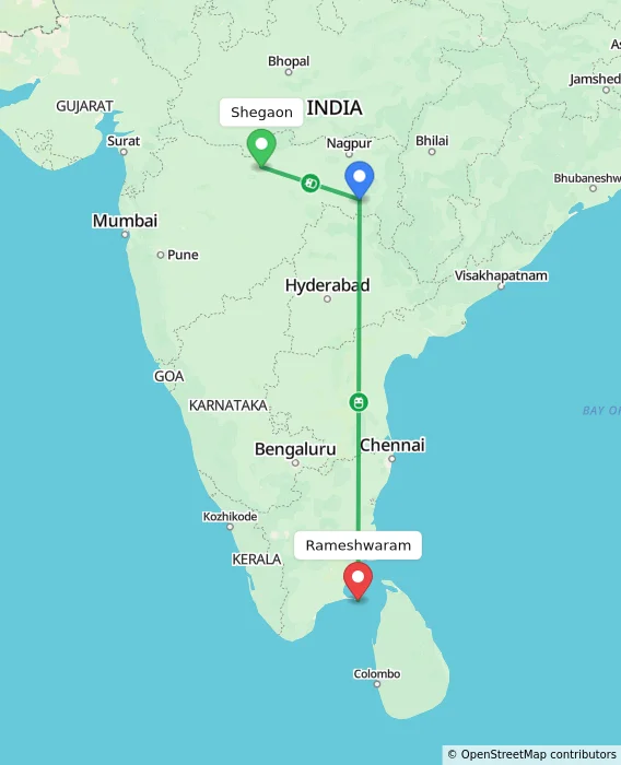 Route map showing distance and travel time from Shegaon, India to Rameshwaram, India