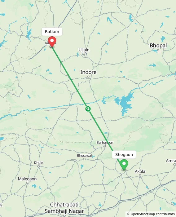 Route map showing distance and travel time from Shegaon, India to Ratlam, India
