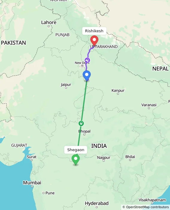 Route map showing distance and travel time from Shegaon, India to Rishikesh, India