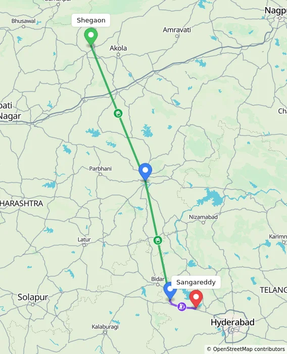 Route map showing distance and travel time from Shegaon, India to Sangareddy, India